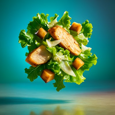 Dynamic Caesar Salad in Realistic Style with Vibrant Background