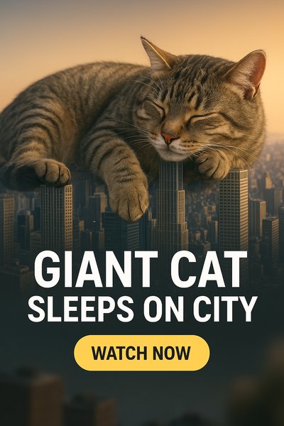 Whimsical Giant Cat Overlooking a Cityscape