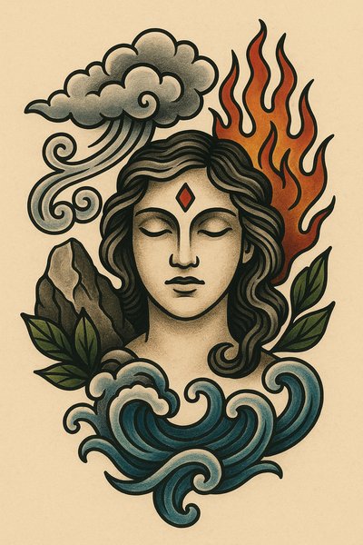 Illustrative Portrait of a Woman Surrounded by Nature Elements
