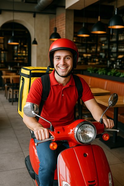 Smiling Delivery Rider on Scooter in Restaurant