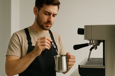 Barista Checking Milk Temperature in Modern Cafe