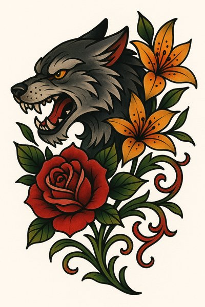 Bold Tattoo Design Featuring Wolf and Floral Elements