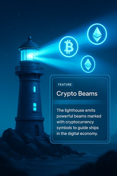 Futuristic Lighthouse with Crypto Beams Guiding Ships