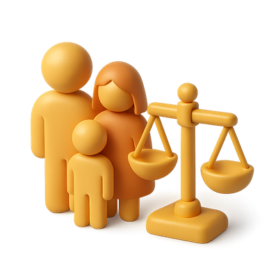3D Family Icon with Scales of Justice in Isometric View