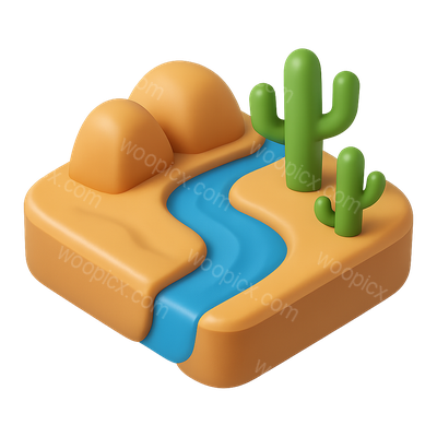 Stylized 3D Desert Stream Icon with Cacti