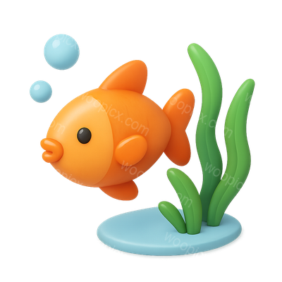 Colorful 3D Fish Icon with Bubbles and Plants