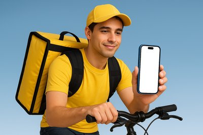 Courier with Phone on Bicycle in Yellow Outfit