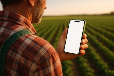 Farmer Holding Green Phone in Field at Sunset