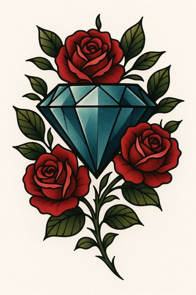 Stylized Tattoo Design Featuring a Diamond and Roses