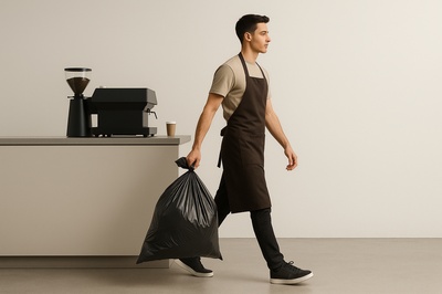 Barista Taking Out the Trash in Modern Minimalist Setting
