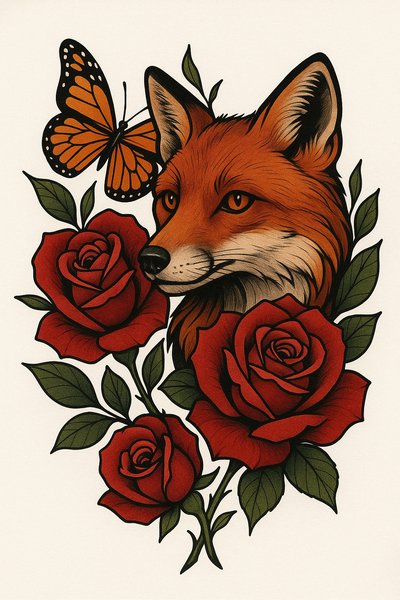 Artistic Fox Illustration with Roses and Butterfly