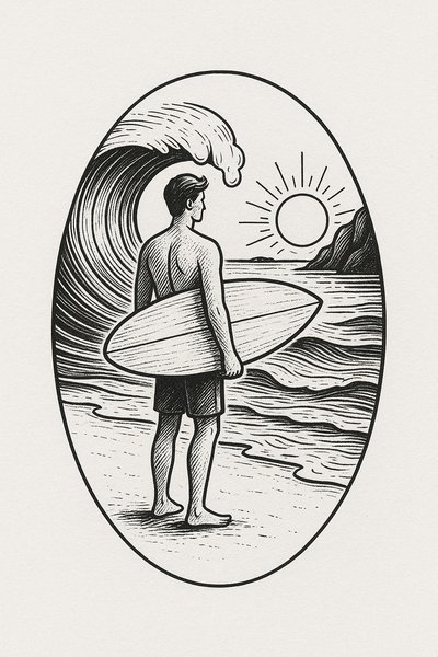 Illustrative Surfing Scene with Waves and Sun
