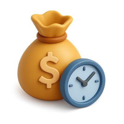 3D Icon of Money Bag and Clock Symbolizing Wealth and Time