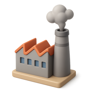 Stylized 3D Factory Icon with Smoke in Isometric View