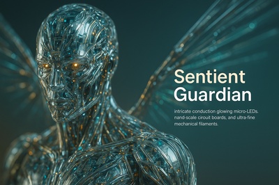 Hyperrealistic Sentient Guardian with Mechanical Wings and LED Details