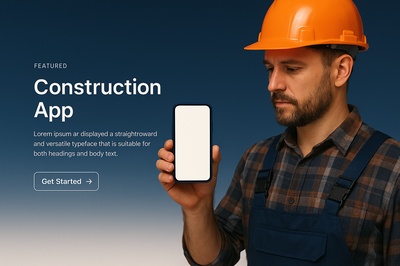 Construction Worker Holding Smartphone in Helmet