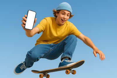 Teen Skateboarder Jumping with Phone Against Blue Sky