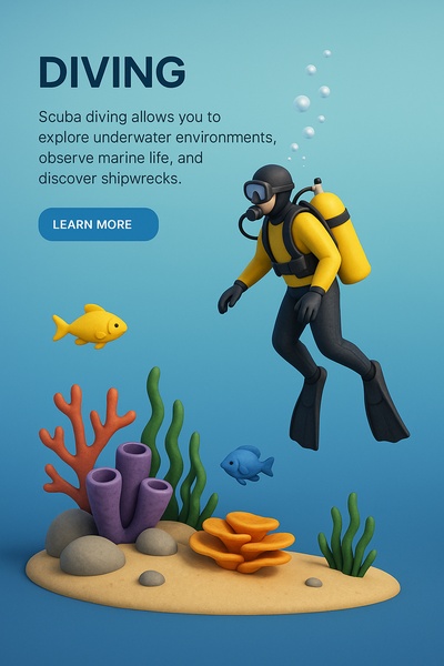 3D Illustration of Scuba Diving with Marine Life and Action Button