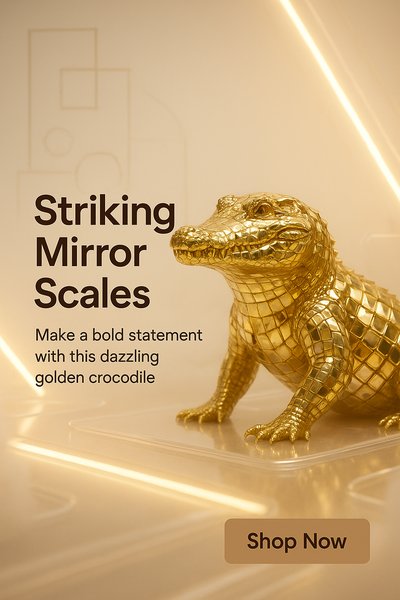 Golden Crocodile Sculpture with Mirror Scales for Home Decor