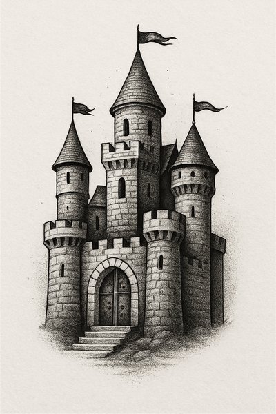 Detailed Black and White Illustration of a Castle