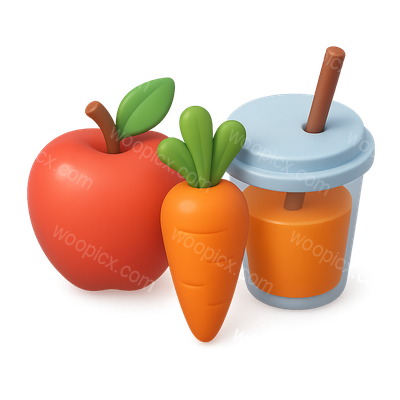 Colorful 3D Apple, Carrot, and Drink Icon in Isometric View