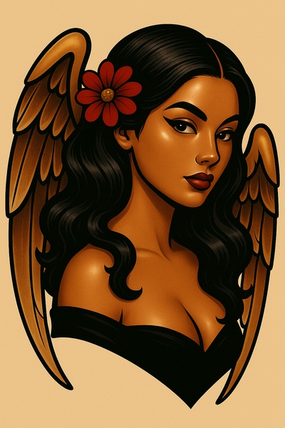 Stylized Illustration of a Winged Woman with a Flower