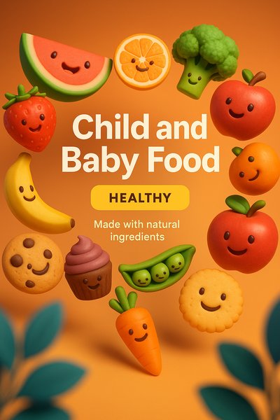 Colorful Child and Baby Food Graphic Featuring Healthy Ingredients
