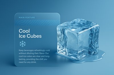 Realistic Ice Cube with Feature Highlight on Blue Background