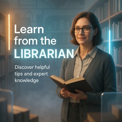 Educational Image Featuring a Librarian with Book in Library Setting