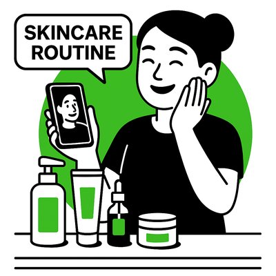Illustration of a Skincare Routine with Products and a Phone