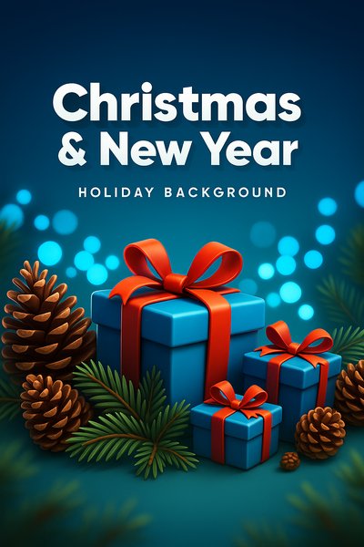 Festive Christmas and New Year Background with Gifts and Pine Cones