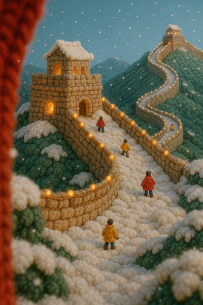 Colorful Yarn Great Wall of China in 3D with Snowy Landscape