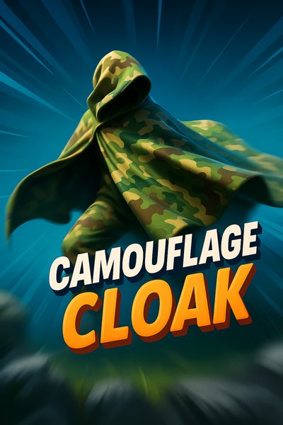 Dynamic Camouflage Cloak Illustration with Bold Text