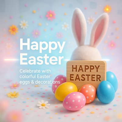 Colorful Easter Celebration Graphic with Bunny and Eggs