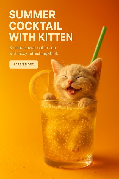 Cute Kitten Enjoying a Summer Cocktail in a Glass