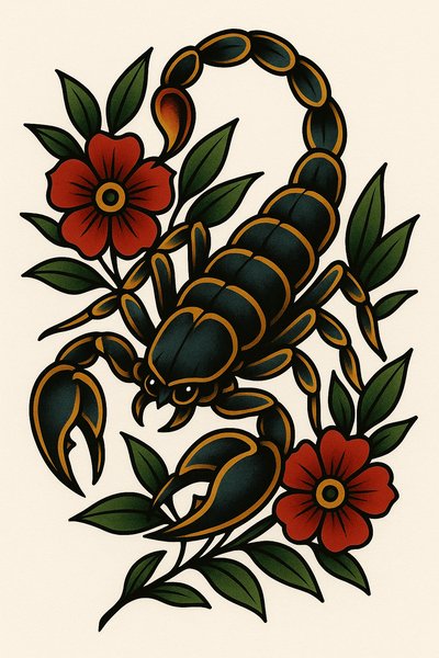Stylized Scorpion Tattoo Design with Floral Elements