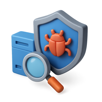 3D Anti-Malware Icon with Shield and Magnifying Glass