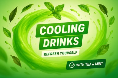 Vibrant Promotional Graphic for Cooling Drinks with Tea and Mint