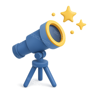 Stylized 3D Telescope Icon with Stars and Glow Effect