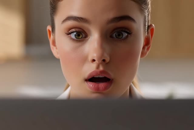 Excited Reactions of a Young Woman in Video Stock Footage