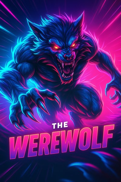 Dynamic Neon Werewolf Illustration with Bold Title Design