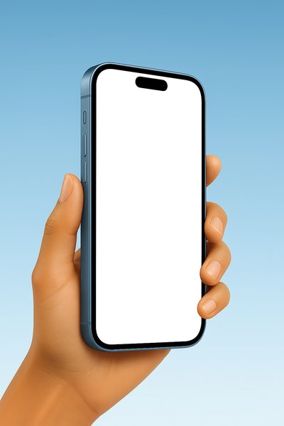 Blue Smartphone with White Screen Held in Hand
