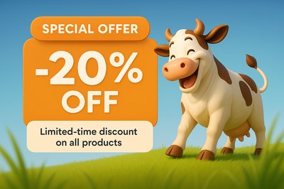 Promotional Graphic Featuring Discount Offer with Cartoon Cow