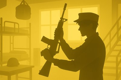 Silhouette of Soldier Holding Rifle in Barracks
