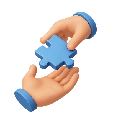Hands Exchanging a Blue Puzzle Piece in 3D Design