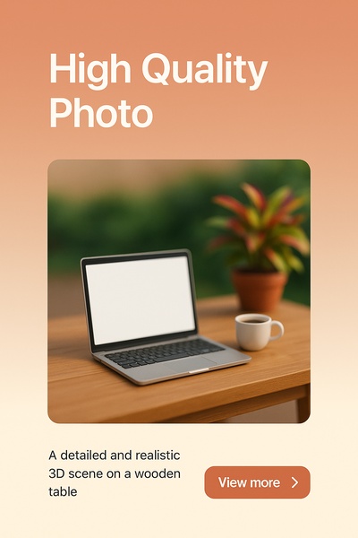 Realistic 3D Scene of Wooden Table with Laptop and Plant