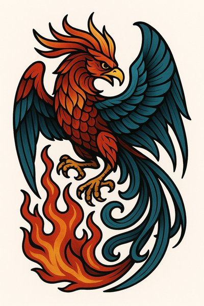 Colorful Phoenix Illustration with Flames