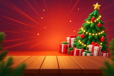 Dynamic Christmas Scene with Wooden Table and Decorations