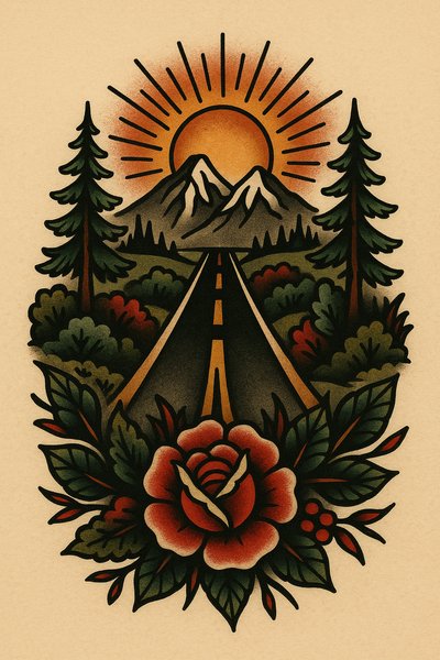 Illustrative landscape tattoo design featuring mountains and a sunset