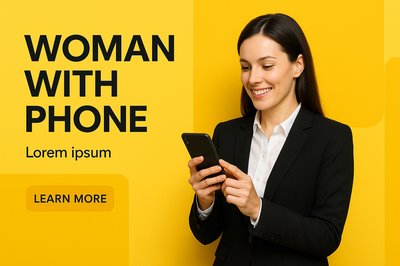 Modern Corporate Design Featuring a Woman with Phone on Yellow Background